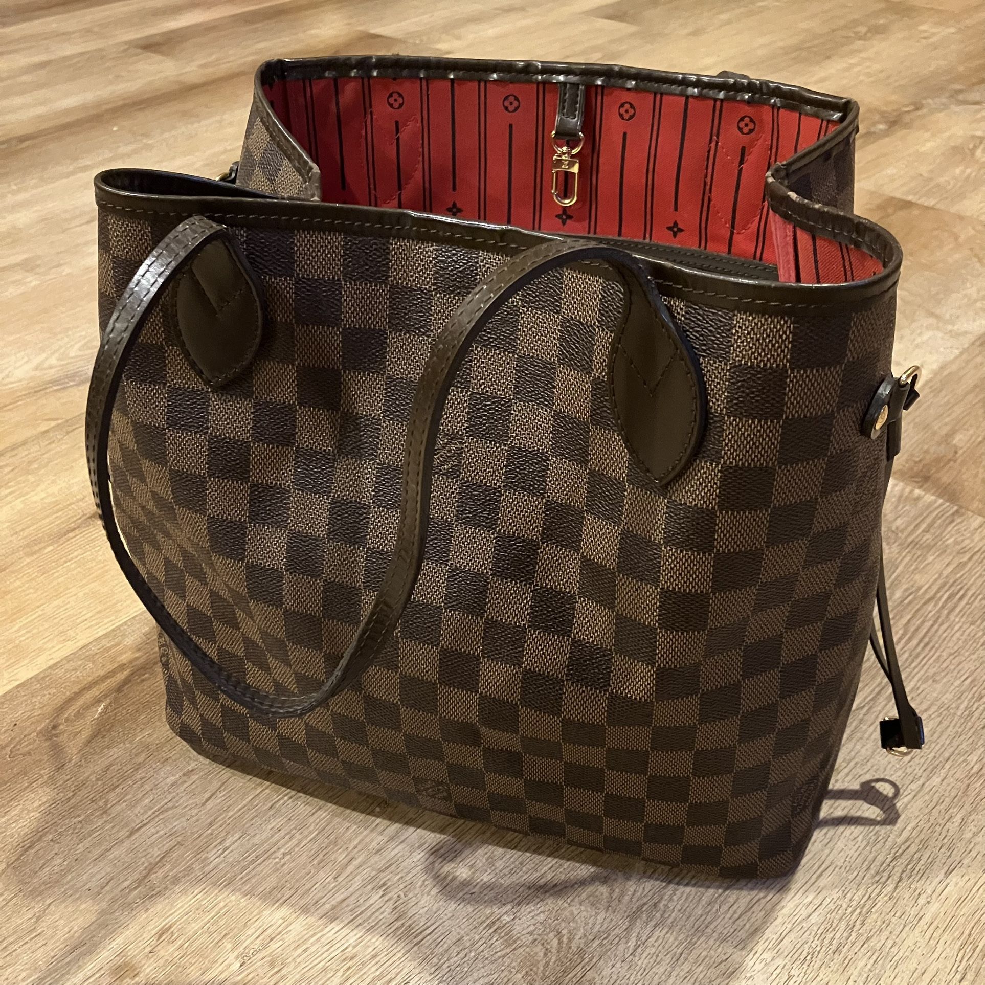 Louis Vuitton Neverfull MM Damier Ebene Canvas Tote Brown Gold Red CLEAN