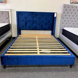 Blue Velvet Queen Size Platform Bed Frame