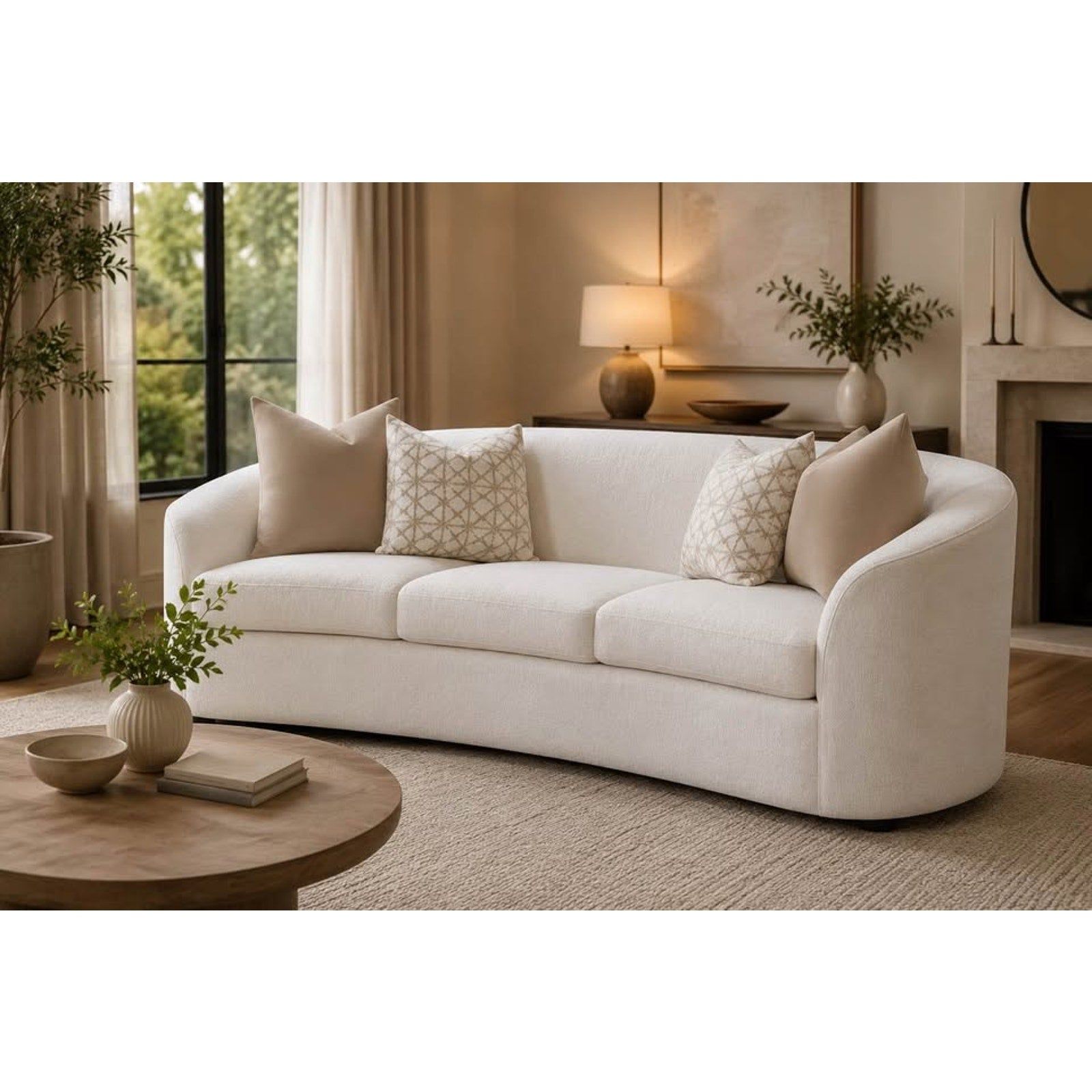 New Curved Bouclé Sofa – 88.5” Modern Cream Sofa w/ Accent Pillows - Delivery Available