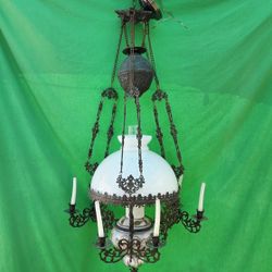 Victorian Copper White Opaline Glass Round Shade Pendant Lamp Fixture