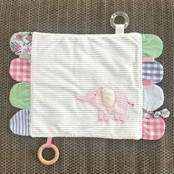 Modern Baby Elephant Security Blanket Lovey Taggie Teething Ring Rattle Crinkle