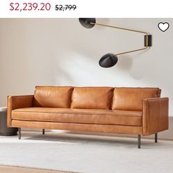 WEST ELM 89" LEATHER SOFA LIGHT BROWN