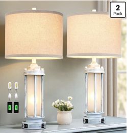 25" Set of 2 Antique White Rustic Table Lamps 2 USB C+A Ports