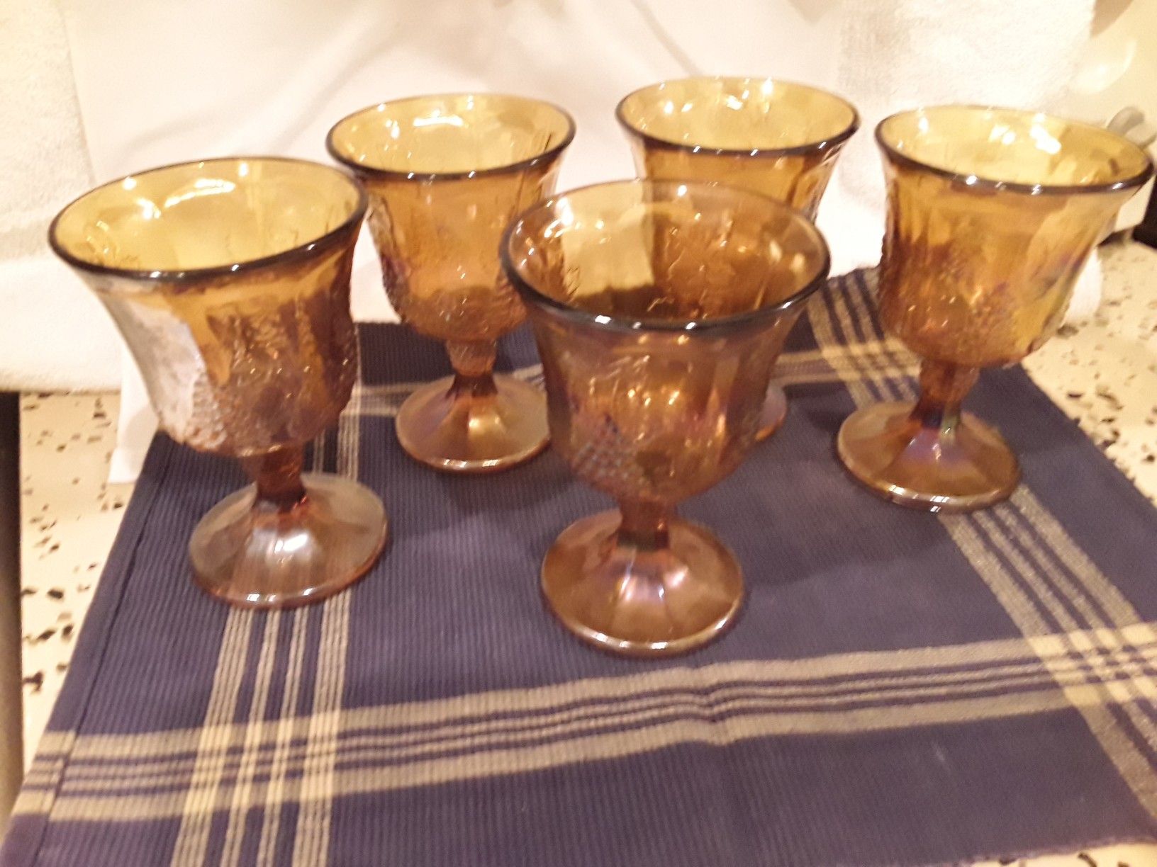 Antique Indiana Amber Harvest Wine Glasses. 5 in total.