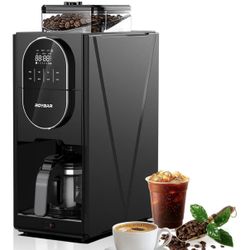 Coffee Maker with Grinder, Programmable Hot and Cold Coffee Maker with 22 oz Glass Carafe, Adjustable Fully Automatic grind and brew Coffee Machine wi