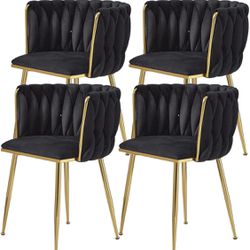  Black Velvet Dining Chairs Set of 4, Upholstered Dining Chairs with Golden Metal Legs, Modern Woven Dining Chair for Dining Room, Kitchen, Vanity, Li