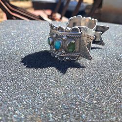 VINTAGE STERLING SILVER TURQUOISE +CORAL  WATCH  CUFF BRACELET