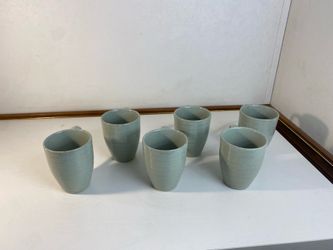 222 Fifth Studio Set of 6 Genuine Stoneware Coffee Mugs Sage Green Brown Striped