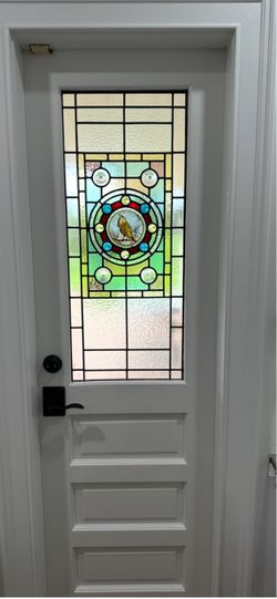 Individual or Pair of Antique Leaded Stained Glass Panels With Hand-Painted Bird Medallions