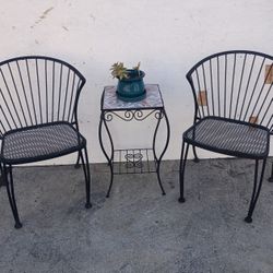 2 Metal Chairs And Side Table