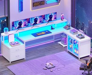 78.7” Large Gaming Computer Desk with Storage Drawers, LED Lights Reversible L Shaped Corner Office Desk with Power Outlet, Glass Display Cabinet, Mon