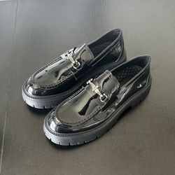 Black Patent Leather Loafers with Silver Buckle