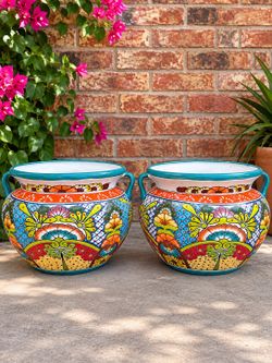 Mexican Talavera Turquoise Planters, Pottery, Clay Pots.