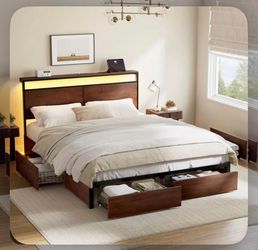 Full Bed Frame with 4 drawers, charging ports, and LED lights
