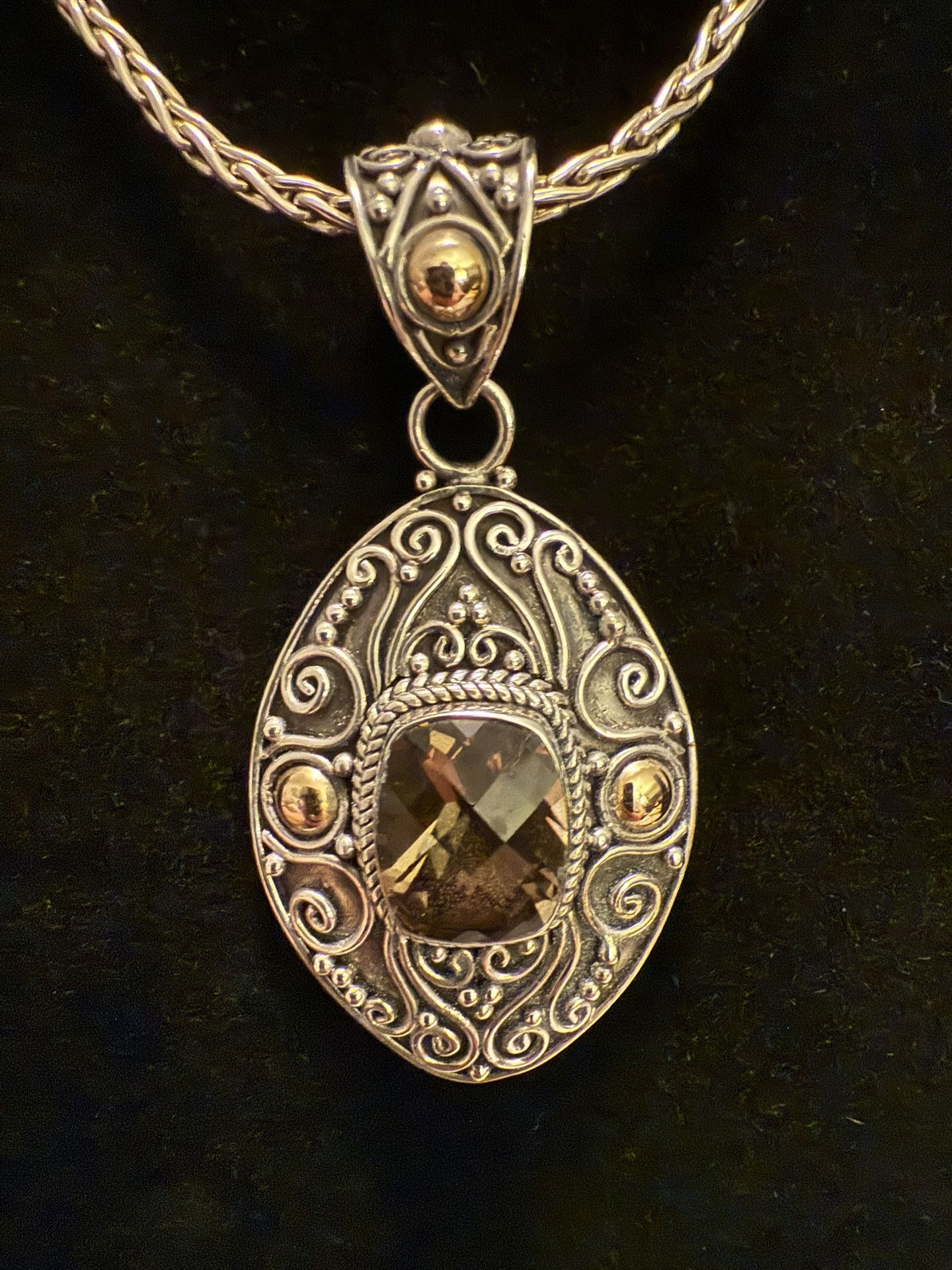 Genuine Bali Thick Solid 24 In Chain With 3 Inch Enhancer Solid 18 Karat Gold With Smoky Quartz