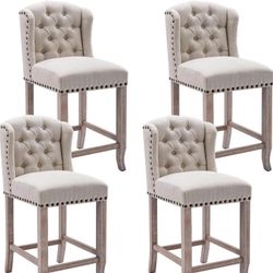 Tufted 26 Inch Counter Height Bar Stools Set of 4, Linen Upholstered Counter Chairs with Back, Armle
