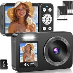 Digital Camera, 4K 64MP UHD Dual Screens Camera, 18X Zoom, Portable Small Point and Shoot Digital Cameras with 64GB TF Card, 2 Rechargeable Batteries 
