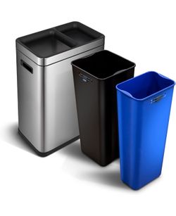 Home Zone Living 13 Gallon Kitchen Trash Can, Dual Removable Liners for Recycling and Trash, Wide Stainless Steel Shape, Open Top, No Lid Design (8 + 