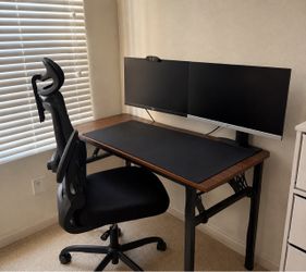 Wood Top Home Office Desk and 2 monitors