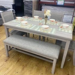 ✅️✅️ 6 pc light finish wood  dining table set padded seat chairs and bench ✅️