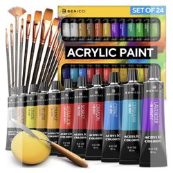 COMPLETE ACRYLIC PAINT SET – 24Х RICH PIGMENT COLORS – 12X ART BRUSHES WITH BONUS PAINT ART KNIFE & SPONGE