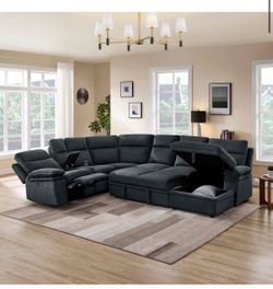 Brand New Large Dark Gray Sectional Sofa with Recliner and pullout
