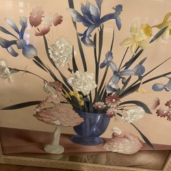 Art Deco “Bernard” picture co. Hand tinted lithography floral water color print. Glass & wood frame