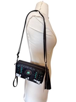 New  Black zip around Wallet Phone Clutch crossbody Turquoise faux cowhide bag