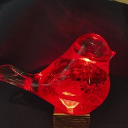 Large Art Glass Red and Gold Bird with Gold Color Changing Light Base