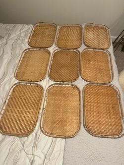 Vtg Lot Of 9 Bamboo Woven Rattan tv Wicker Tiki Bar Serving Trays party stackable in Great Condition