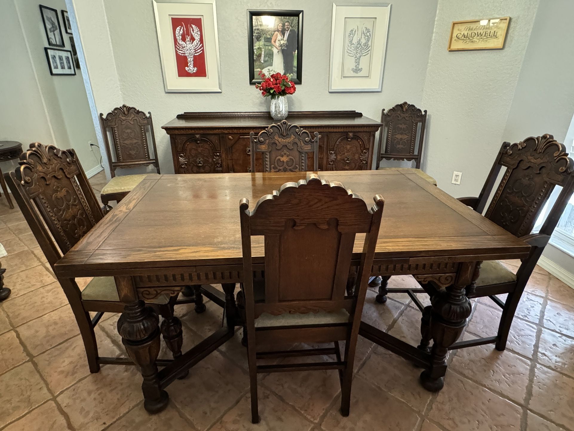 Antique Dining Set With 6 Chairs, Buffet And China Cabinet