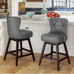 Set of 2, 26" H Swivel Bar Stool with Back, Faux Leather Counter Stool, Solid Wood Legs, Retro Upholstered Barstools for Kitchen Island, Home Bar, Pub