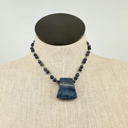 Vintage Blue Stone Chunky Beaded Silver Tone Necklace 18” Springring Closure