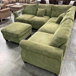 Sage Green Sectional Sofa includes ottoman and accent pillows 99x99