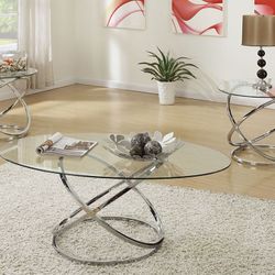 Brand New Chrome Glass 3pc Coffee Table Set