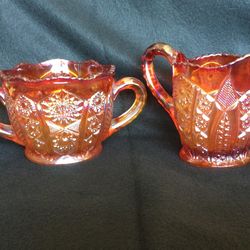  Iridescent Sunset Carnival Glass ~ Creamer & Open Sugar Double Handle Bowl