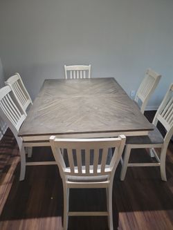 Dining Set + Bench - White/Grey, 6 chairs (FLEXIBLE PRICING, PICKUP REQUIRED)