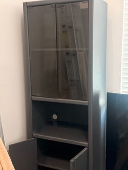 Tall Dark Gray Storage Cabinet with Glass Doors
