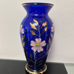 Gorgeous Vase. Decorated Glass. Blue And Gold Pattern.  9,5 Inches  High.  Great Present .