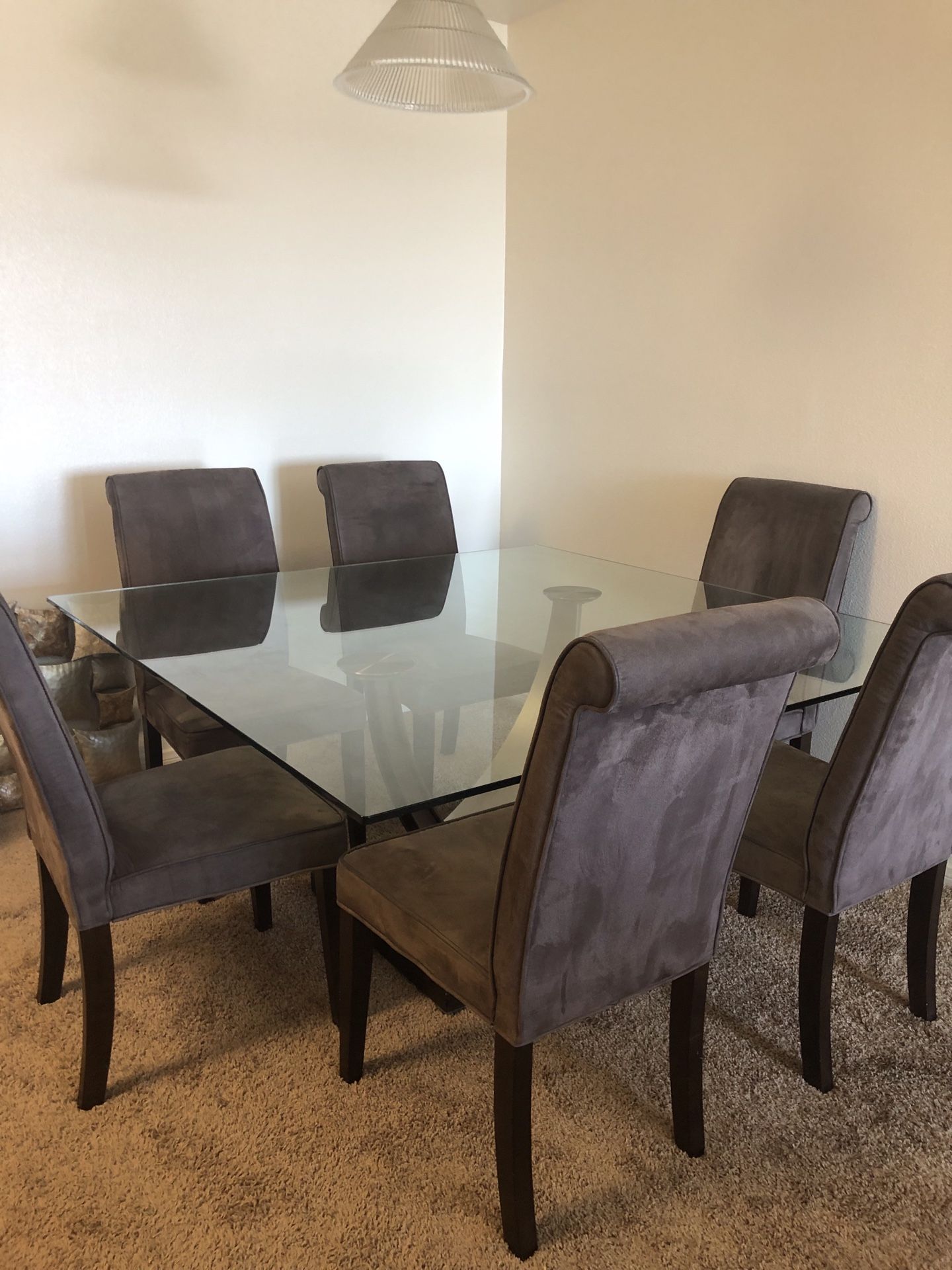 Italian Glass Table Set with 6 Suade Chairs
