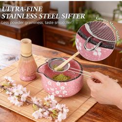 Matcha Whisk Set, 7 PCS Ceramic Matcha Sets with Bowl, Bamboo Whisk and Holder, Towel, Sifter, Bamboo Scoop, Scoop Rest, Christmas Gifts for Tea Lover