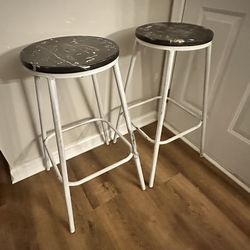 Set of 2 Industrial Bar Stools – 30” White Metal Base, Wood Seat