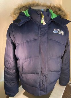 Seahawks Dark Blue Jacket Coat with Rave Green Accents Faux Fur Hood +Removable Sleeves/Hood REEBOK Fall Winter Woman's Large NFL
