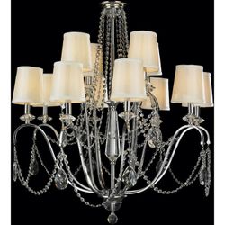 Elegant 12 Light Chrome Finish Crystal Ivory Silk Shade Chandelier Two 2 Tier Large 35" x 35" Warm and elegant, this stunning 12-light Cha