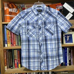 HELIX-men’s blue/white plaid ‘ATHLETIC FIT’ short sleeve snap-button up shirt