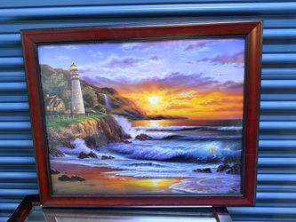 Framed Lighthouse Coastal Sunset Wall Art