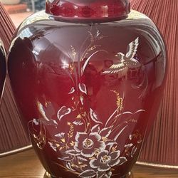 VTG 70’s-80’s Pair Oriental Ginger Jar Lamp Oxblood Burgundy Floral Bird Porcelain W/Original Shades *READ