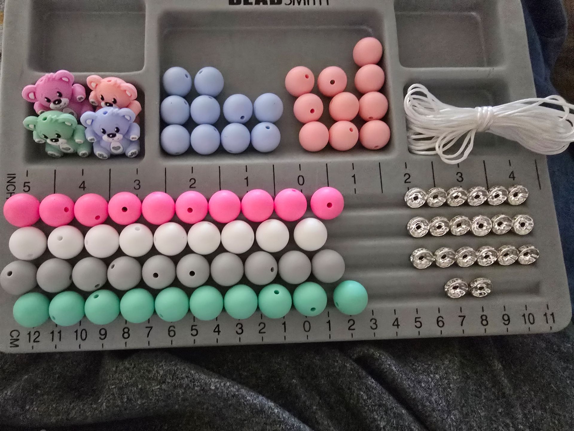Silicone Bead Lot with Teddy Bear Beads & String for Crafting