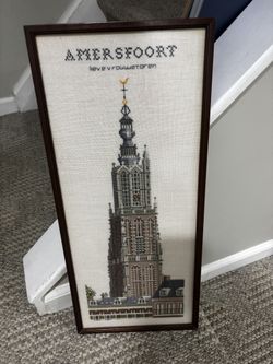 Vintage Framed Cross stitch wall art of Netherlands Church AMERSFOORT