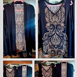 Womens Xl Owl Geometric Business Casual Sleevless  Blouse + Matching Long Sleave  Cardigan New 